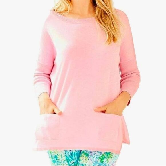 Lilly Pulitzer Cobo Sweater Heathered Pink Tropics Tint Sz XS Box Fit Oversized - Picture 7 of 10